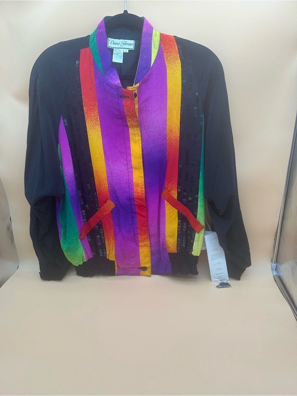 Diane Gilman Black Jacket with Purple, Yellow, Red, Green and Orange Stripes 💯%